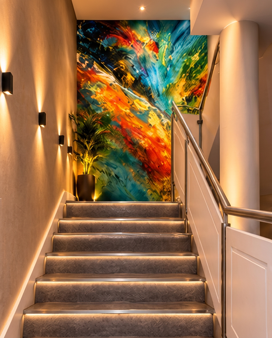 Abstract printed mural at the top of a stairwell