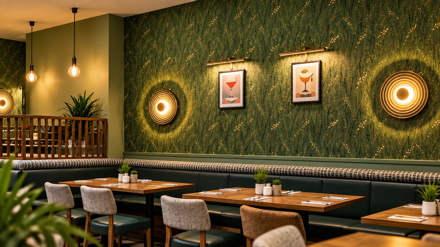 Wide view of a restaurant dining room with patterned green botanical wallcovering and picture lights
