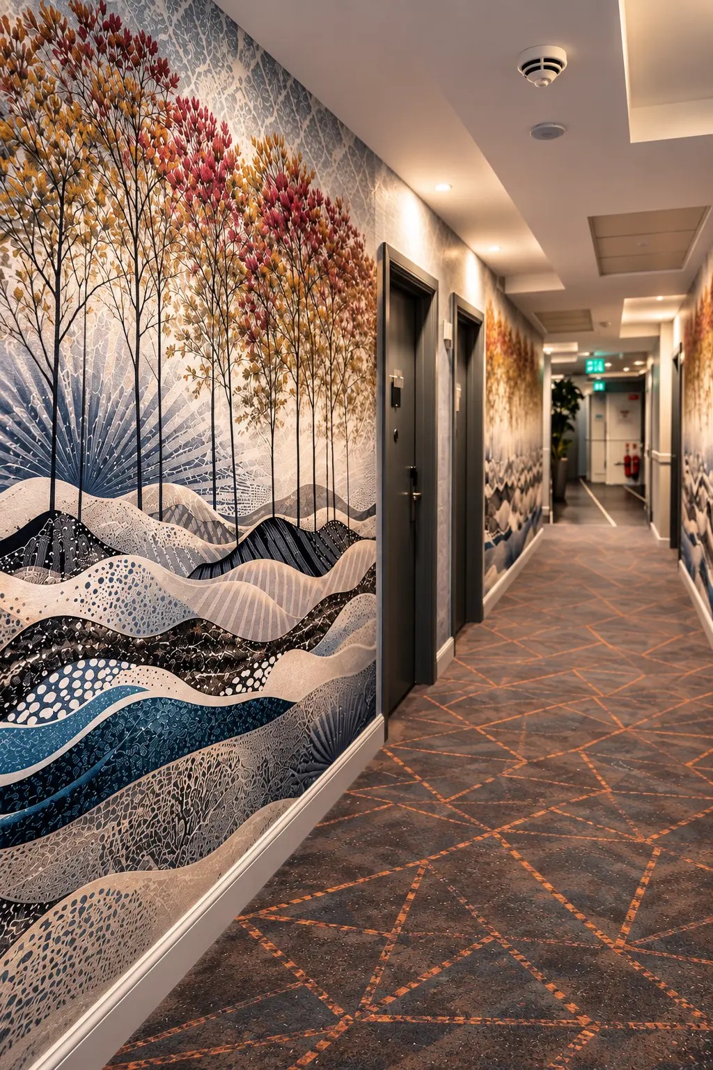 Hotel corridor with printed landscape wallcovering