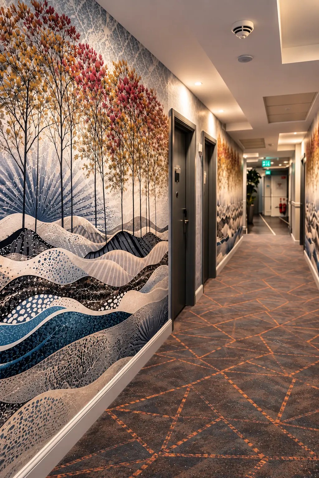 Hotel corridor with large-format tree and wave mural covering the left wall