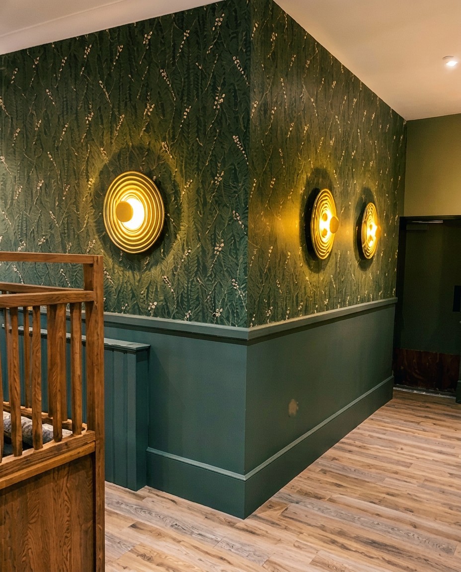 Installed green botanical wallcovering above wall panelling