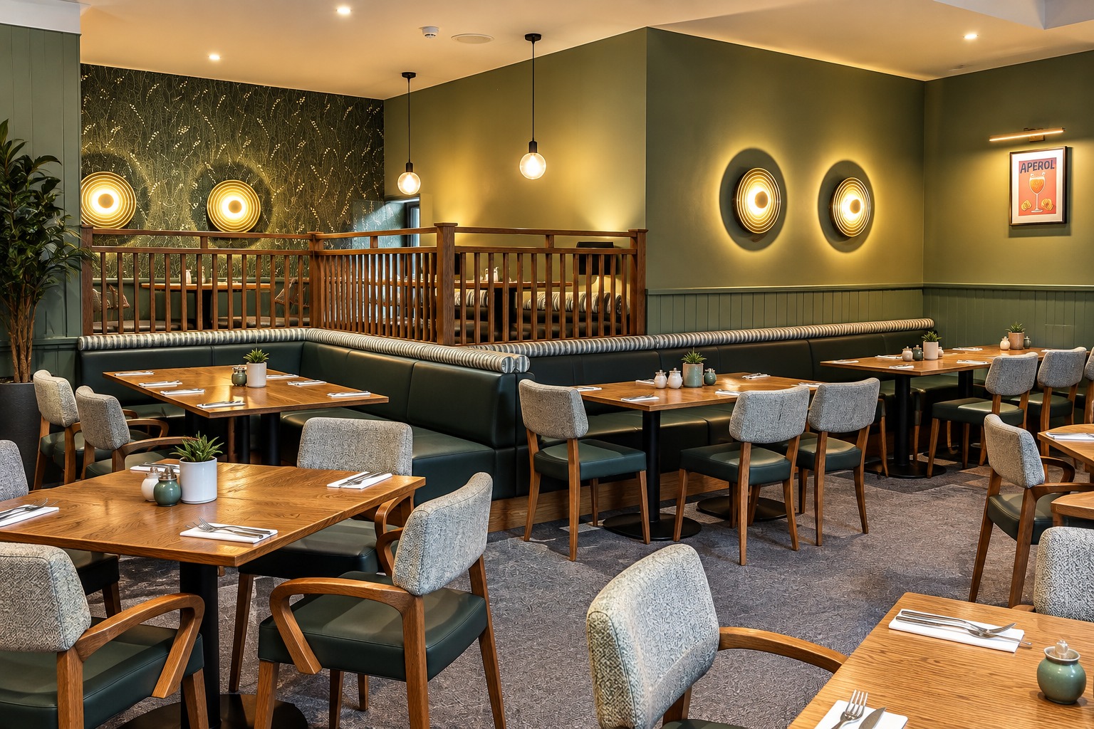 Restaurant seating area with patterned green wallcovering