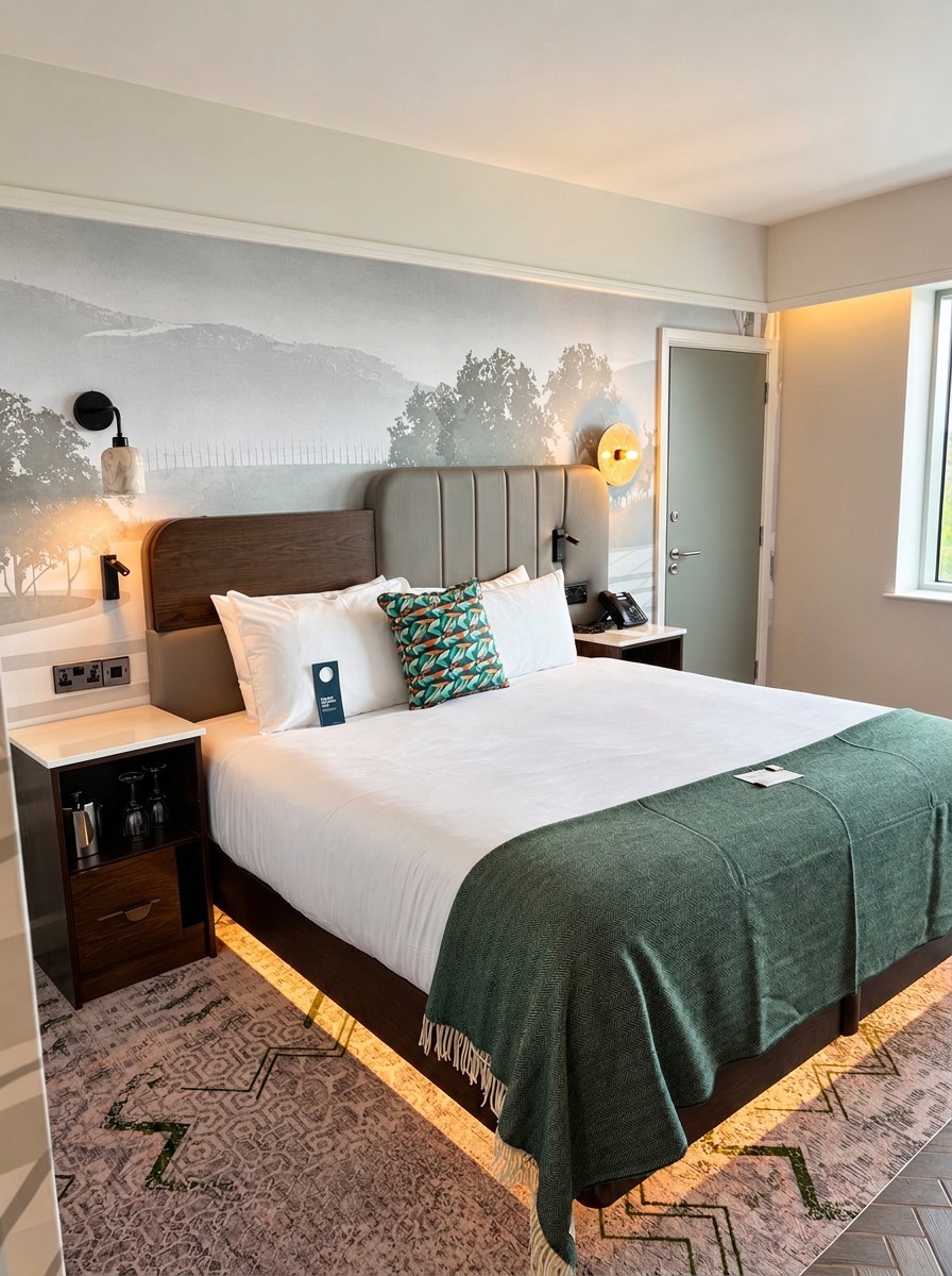 Hotel bedroom with soft landscape wallcovering behind the bed